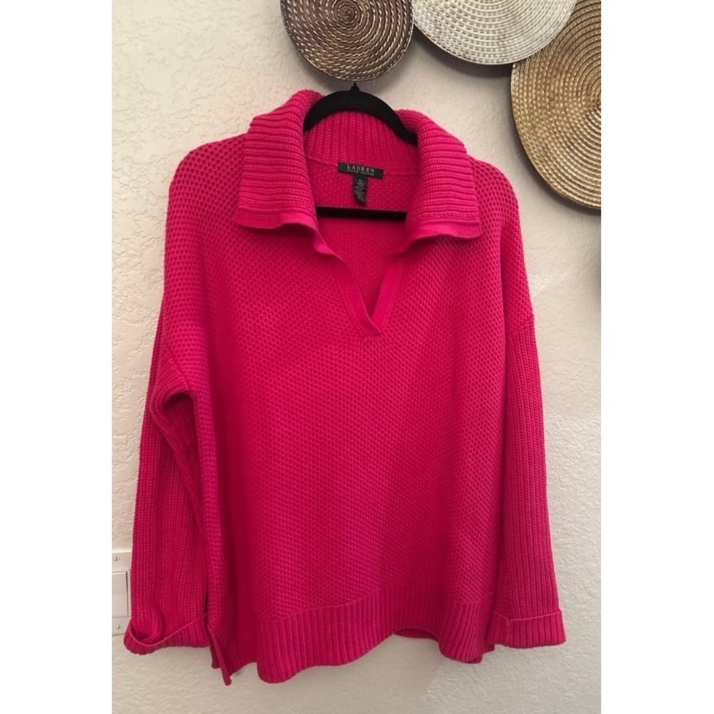 Lauren Ralph Lauren pink shaker knit split neck sweater size  XL